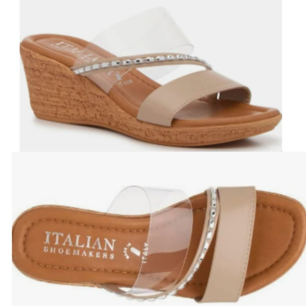 Italian Shoemakers Madge Wedge Sandal w/Clear and Silver Straps- Womens Size 10